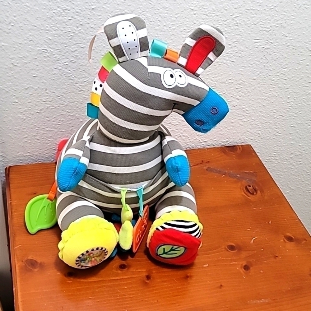 Dolce Activity Zebra Plush Toy Unisex Gray White Sensory Rattle Teether 12in